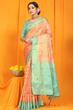 Peach And Sky Pure Silk Kanjivaram Saree With Zari Weaving