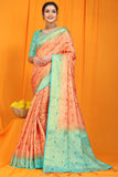 Peach And Sky Pure Silk Kanjivaram Saree With Zari Weaving