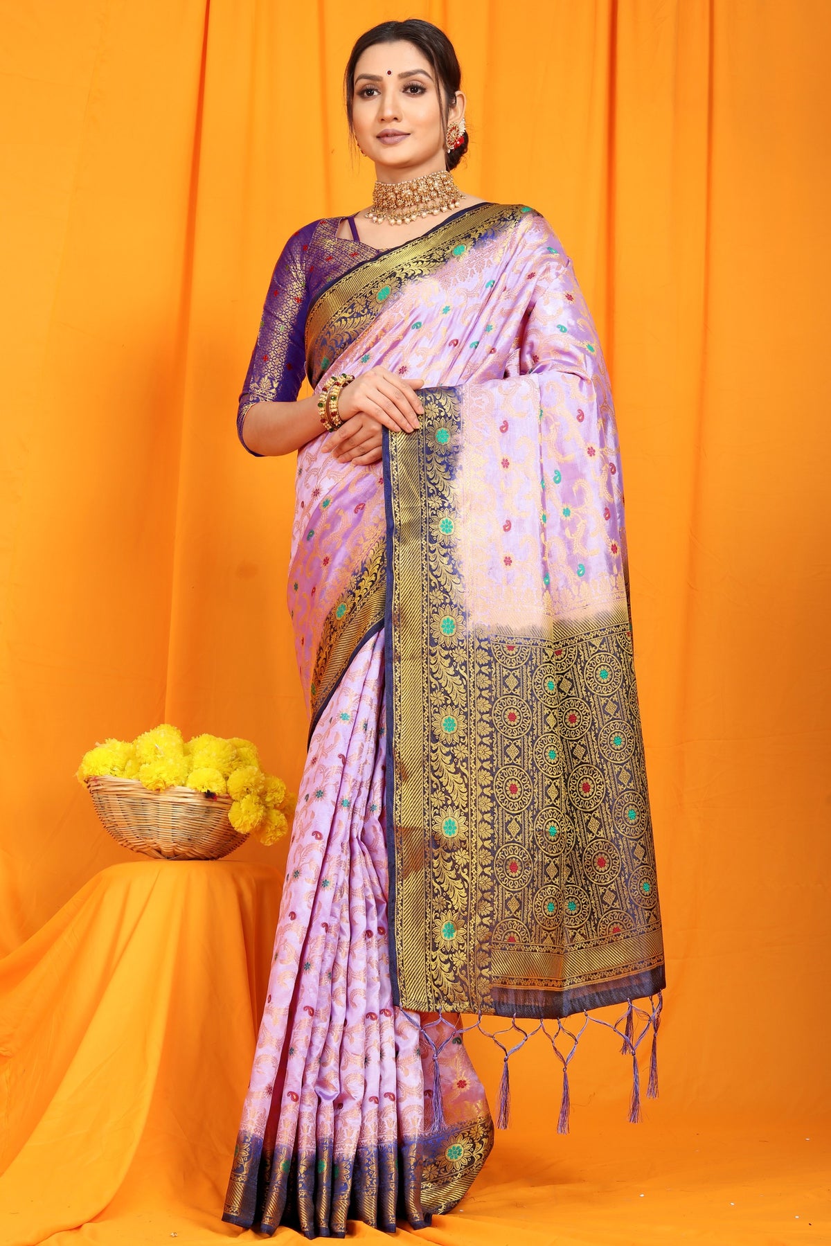 Purple And Blue Pure Silk Kanjivaram Saree With Zari Weaving