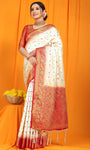 White And Red Pure Silk Kanjivaram Saree With Zari Weaving