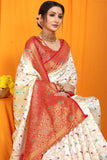 White And Red Pure Silk Kanjivaram Saree With Zari Weaving