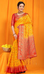 Yellow And Red Pure Silk Kanjivaram Saree With Zari Weaving