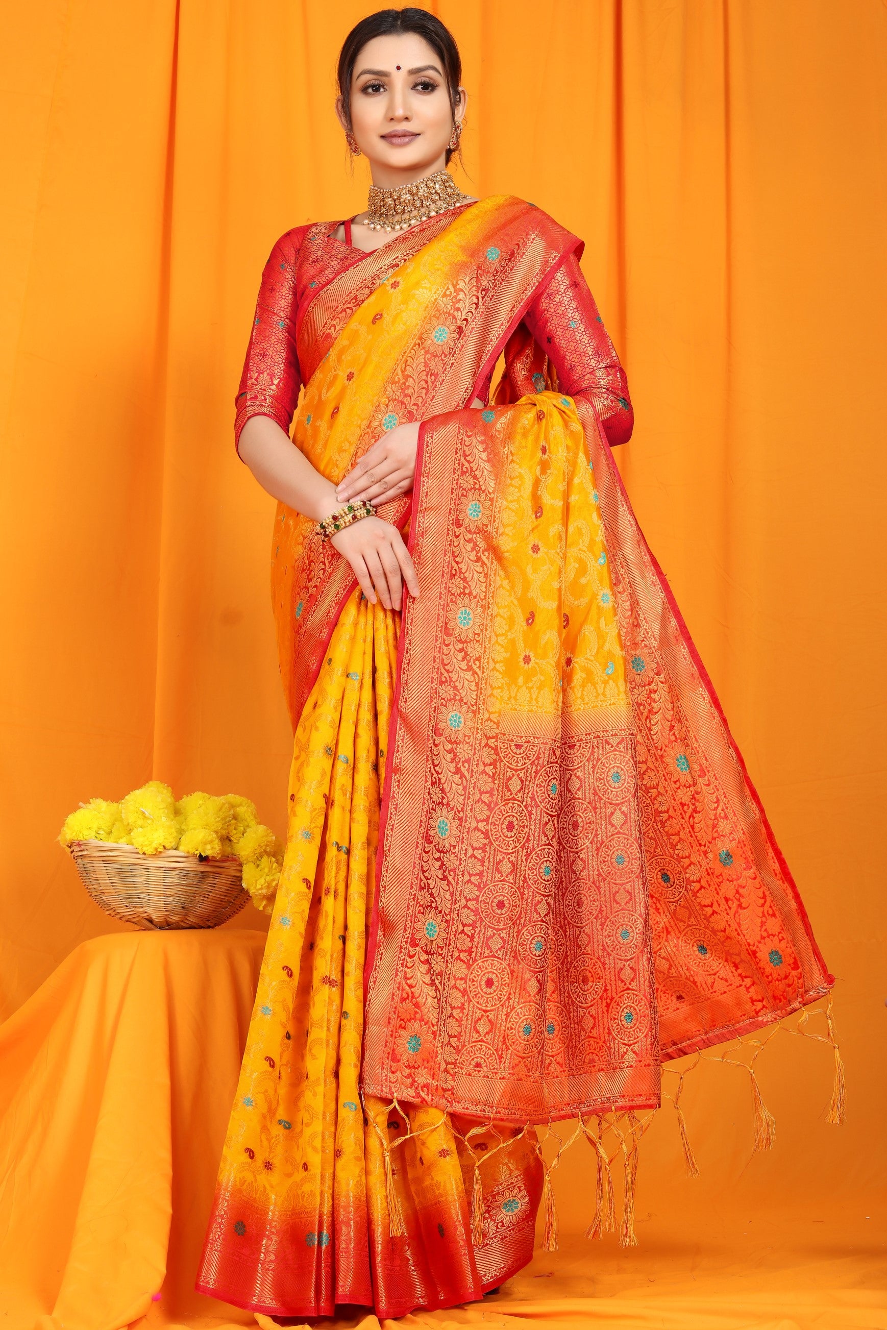 Yellow And Red Pure Silk Kanjivaram Saree With Zari Weaving