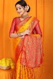 Yellow And Red Pure Silk Kanjivaram Saree With Zari Weaving