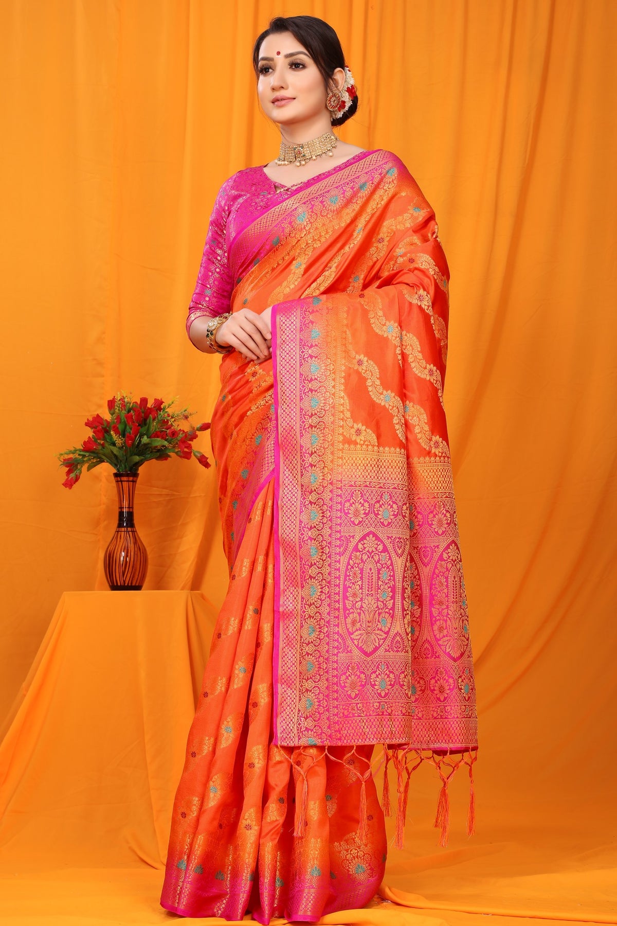 Orange And Pink Pure Silk Kanjivaram Saree With Zari Weaving