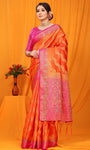 Orange And Pink Pure Silk Kanjivaram Saree With Zari Weaving