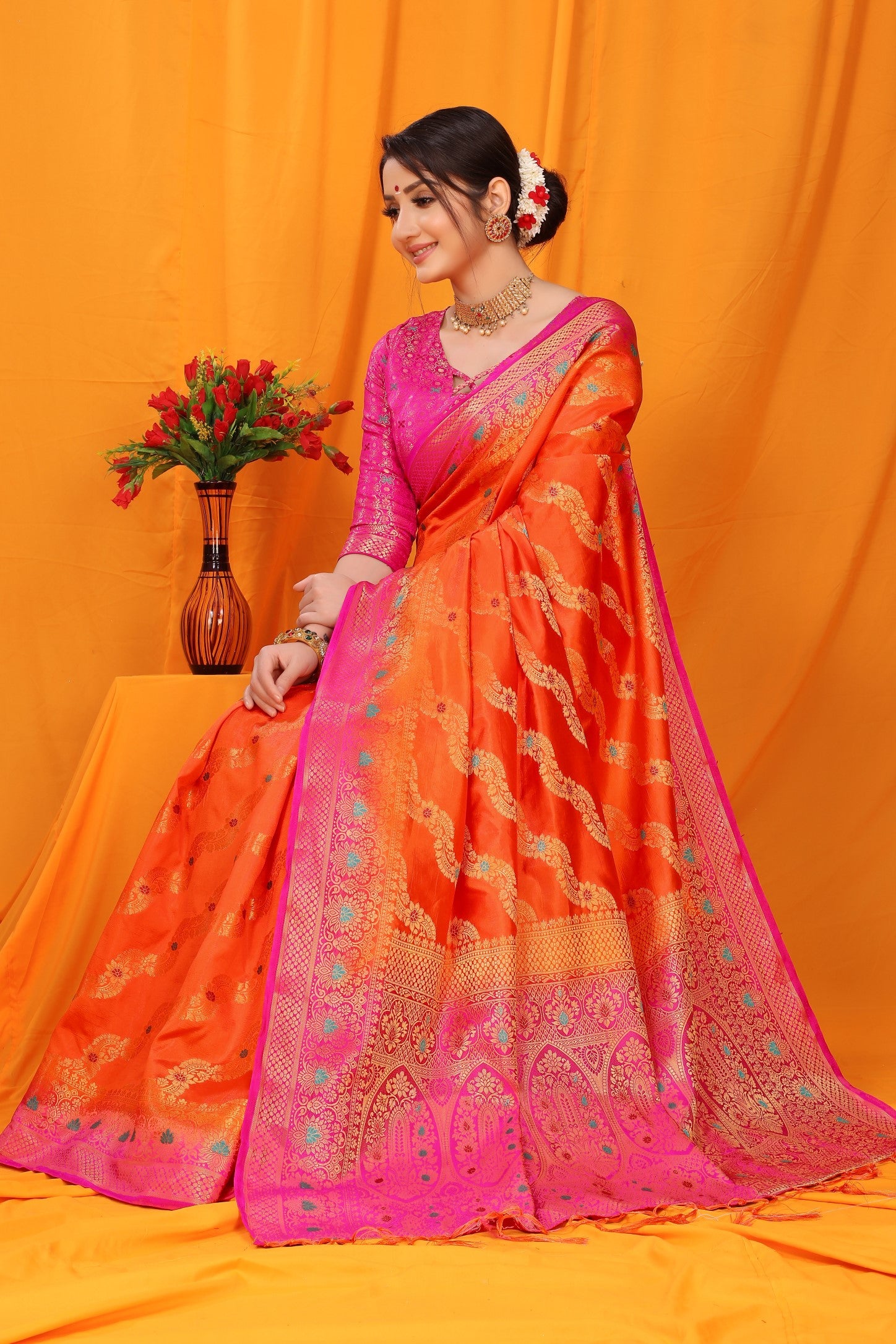 Orange And Pink Pure Silk Kanjivaram Saree With Zari Weaving