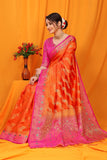 Orange And Pink Pure Silk Kanjivaram Saree With Zari Weaving