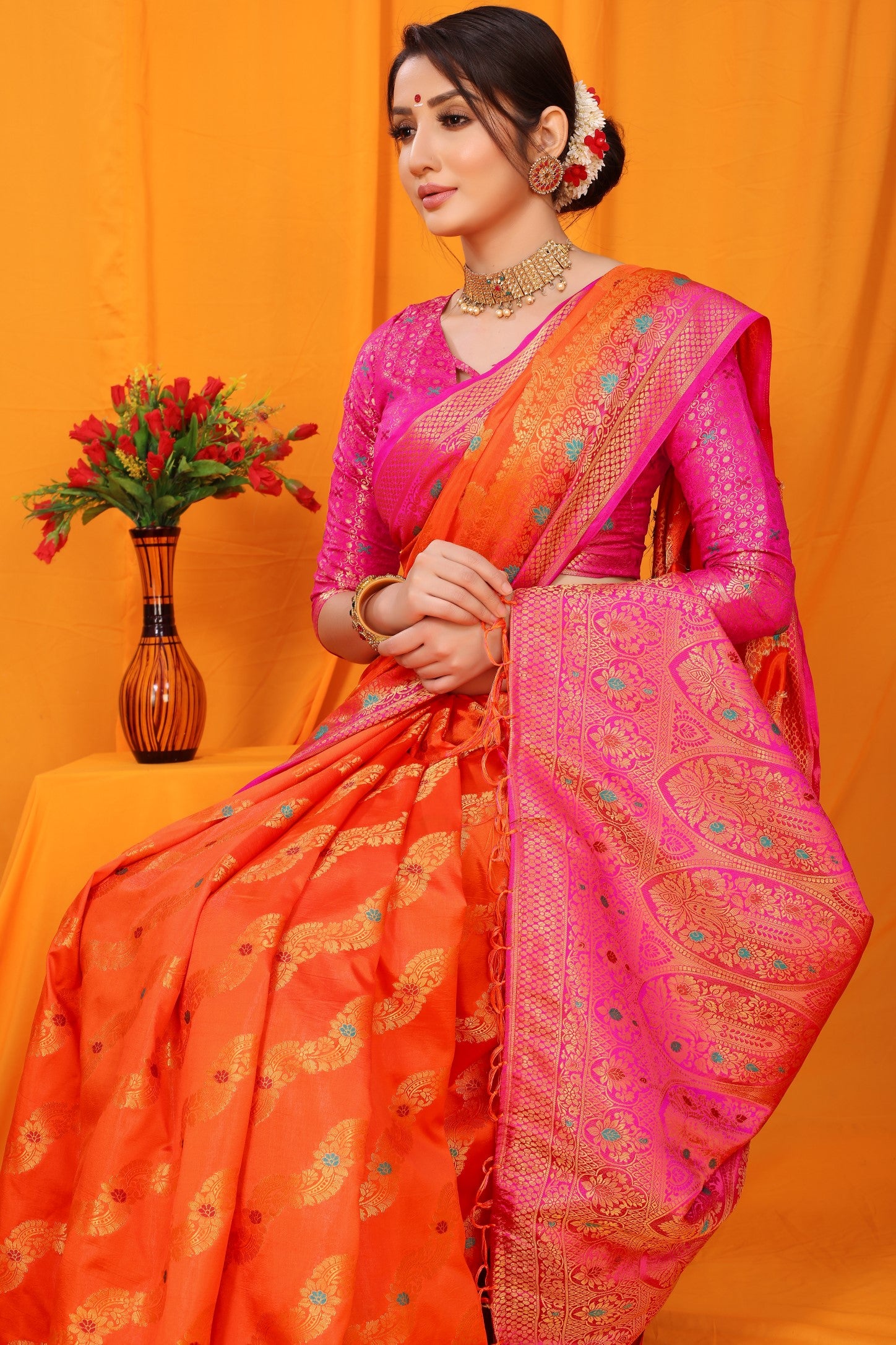 Orange And Pink Pure Silk Kanjivaram Saree With Zari Weaving