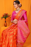 Orange And Pink Pure Silk Kanjivaram Saree With Zari Weaving