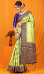 Parrot And Blue Pure Silk Kanjivaram Saree With Zari Weaving