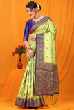 Parrot And Blue Pure Silk Kanjivaram Saree With Zari Weaving