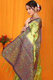 Parrot And Blue Pure Silk Kanjivaram Saree With Zari Weaving