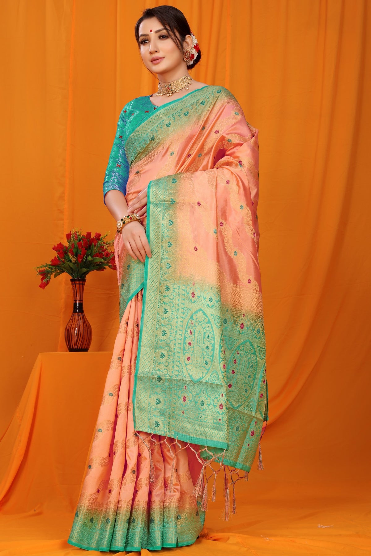 Peach And Sky Pure Silk Kanjivaram Saree With Zari Weaving