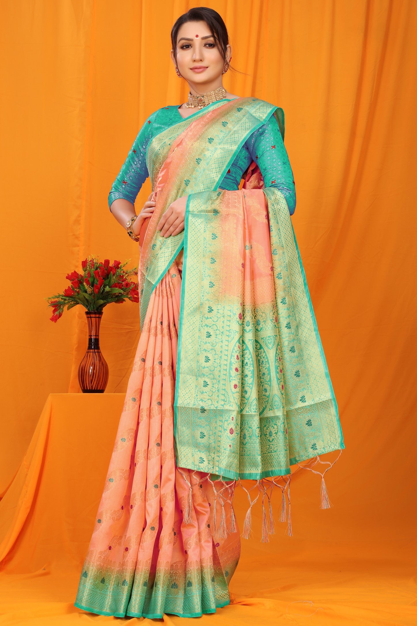 Peach And Sky Pure Silk Kanjivaram Saree With Zari Weaving