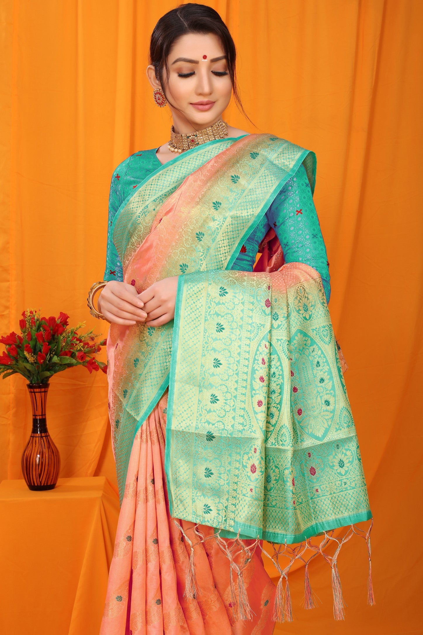 Peach And Sky Pure Silk Kanjivaram Saree With Zari Weaving