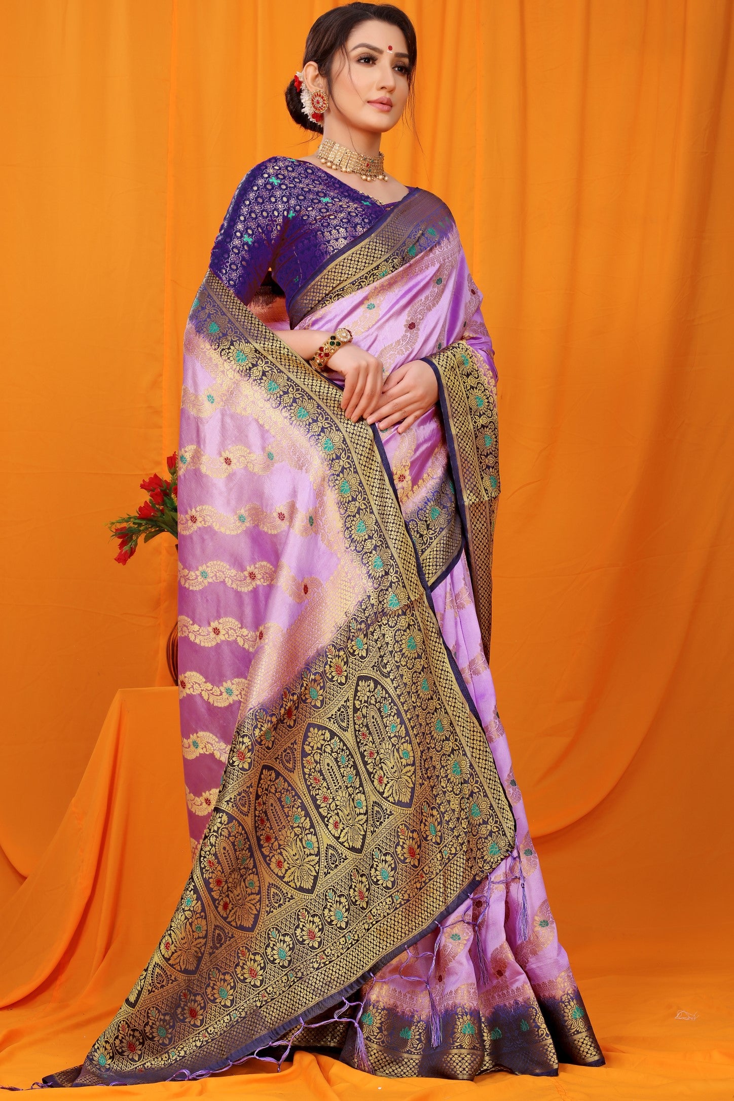 Purple And Blue Pure Silk Kanjivaram Saree With Zari Weaving