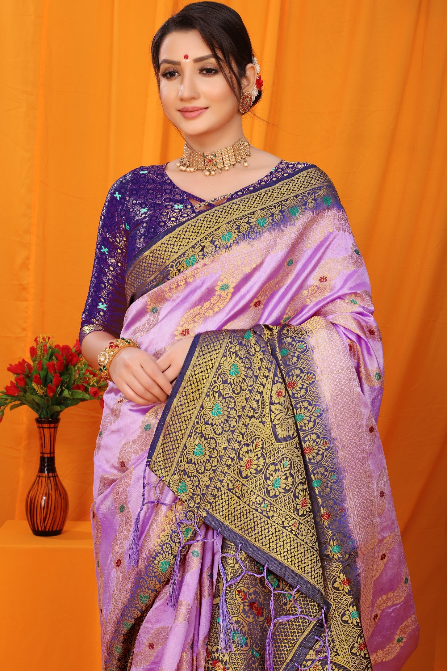 Purple And Blue Pure Silk Kanjivaram Saree With Zari Weaving