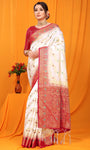 White And Red Pure Silk Kanjivaram Saree With Zari Weaving