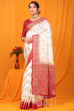 White And Red Pure Silk Kanjivaram Saree With Zari Weaving