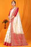 White And Red Pure Silk Kanjivaram Saree With Zari Weaving