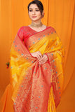 Yellow And Red Pure Silk Kanjivaram Saree With Zari Weaving