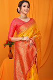 Yellow And Red Pure Silk Kanjivaram Saree With Zari Weaving