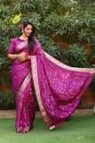 Purple Pure Silk Original Bandhani Saree With Zari Weaving Border