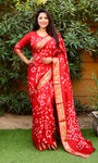 Red Pure Silk Original Bandhani Saree With Zari Weaving Border