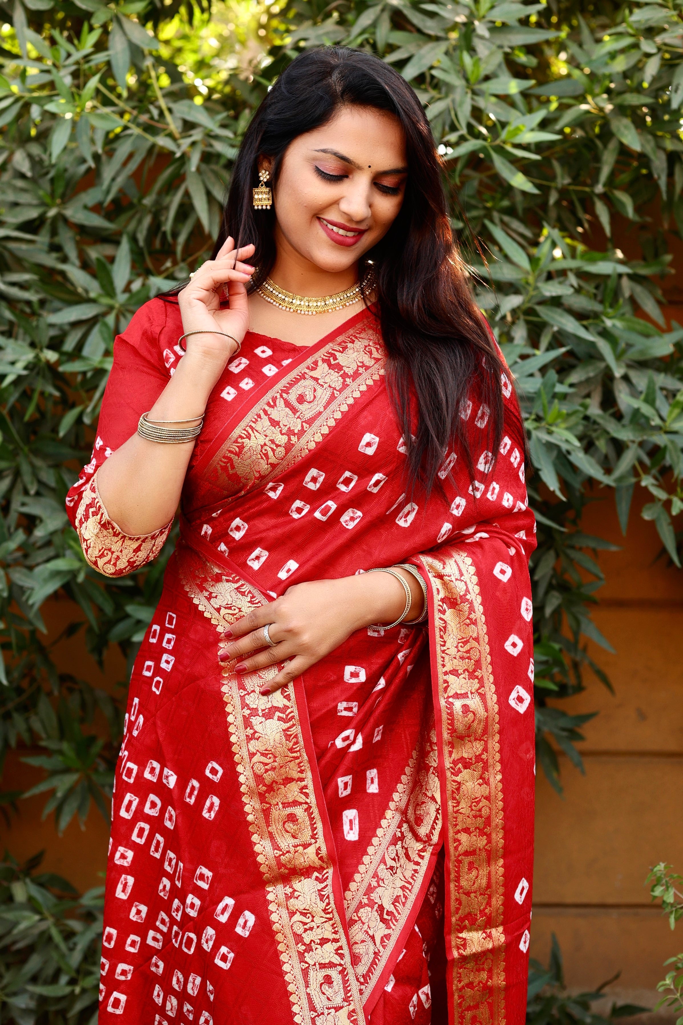 Red Pure Silk Original Bandhani Saree With Zari Weaving Border