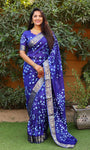 Blue Pure Silk Original Bandhani Saree With Zari Weaving Border