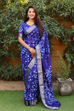 Blue Pure Silk Original Bandhani Saree With Zari Weaving Border