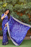 Blue Pure Silk Original Bandhani Saree With Zari Weaving Border