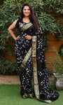 Black Pure Silk Original Bandhani Saree With Zari Weaving Border