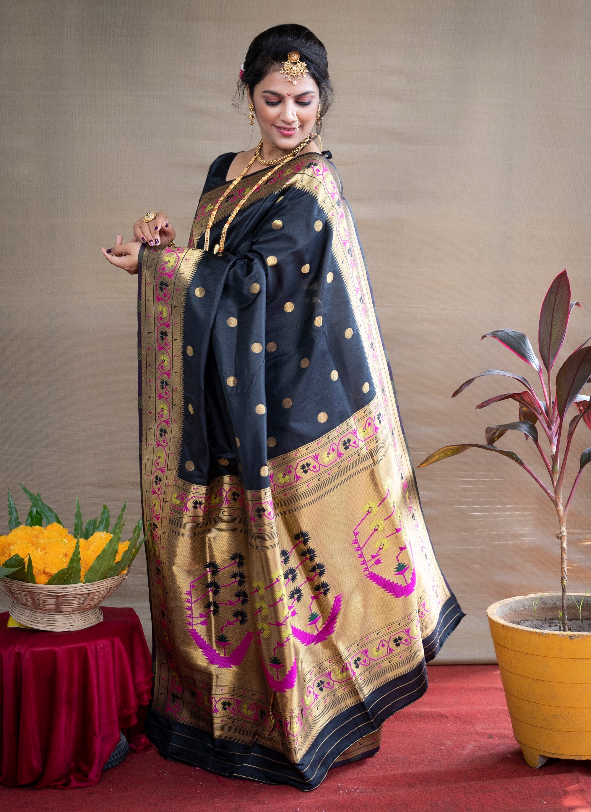 Designer Black Pure Silk Paithani Saree With Meena Work Weaving