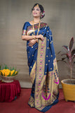 Designer Blue Pure Silk Paithani Saree With Meena Work Weaving