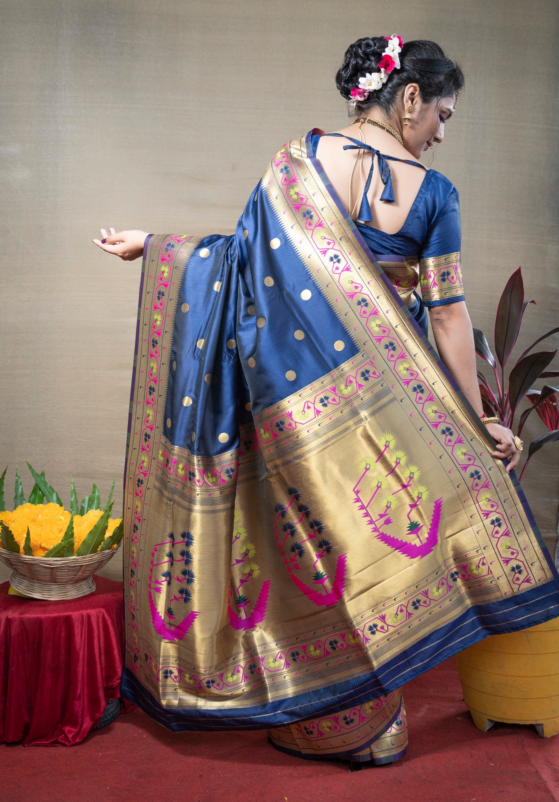 Designer Blue Pure Silk Paithani Saree With Meena Work Weaving