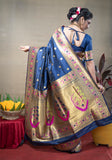 Designer Blue Pure Silk Paithani Saree With Meena Work Weaving