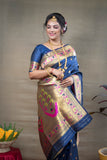 Designer Blue Pure Silk Paithani Saree With Meena Work Weaving