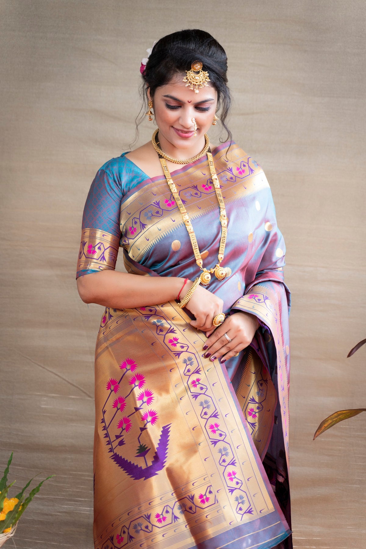 Designer Grey Pure Silk Paithani Saree With Meena Work Weaving