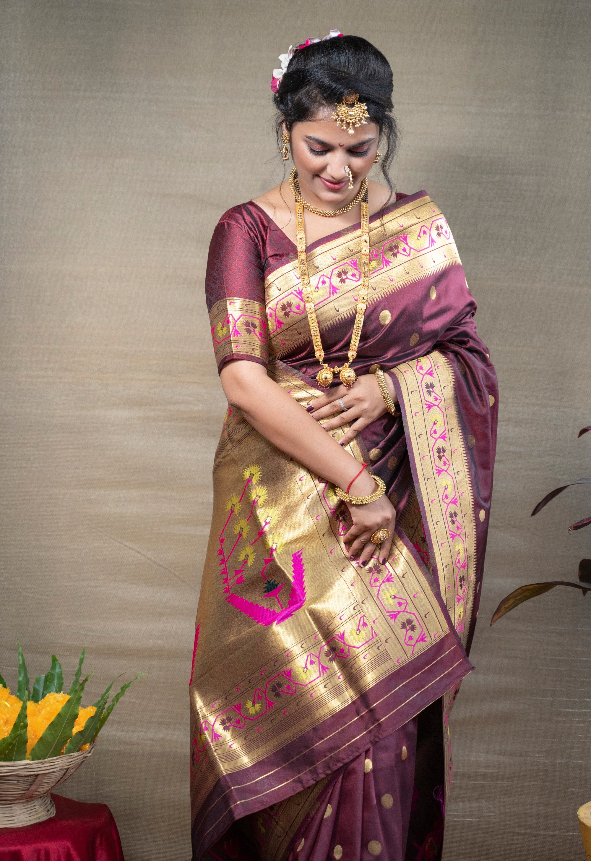 Designer Maroon Pure Silk Paithani Saree With Meena Work Weaving