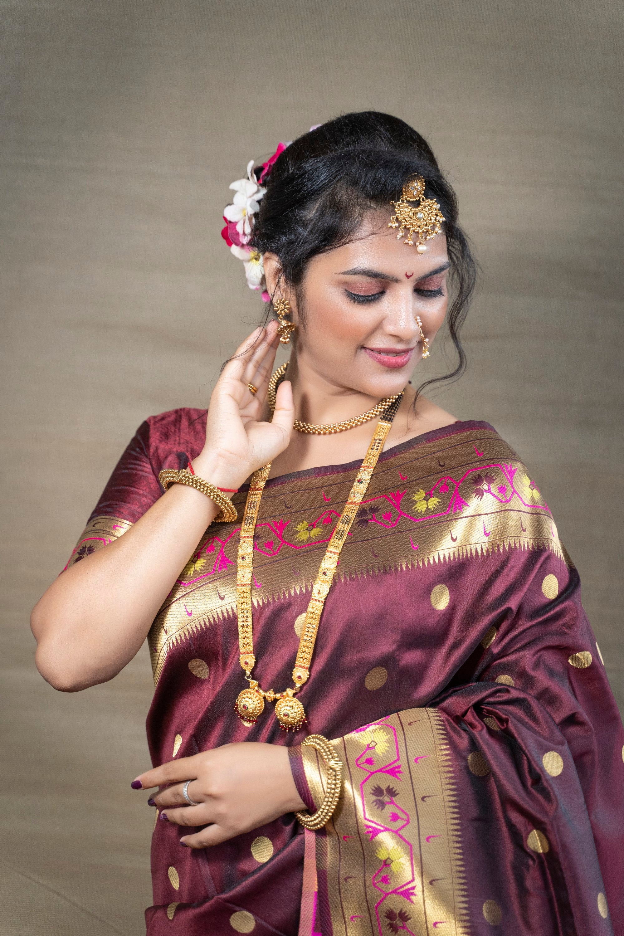 Designer Maroon Pure Silk Paithani Saree With Meena Work Weaving