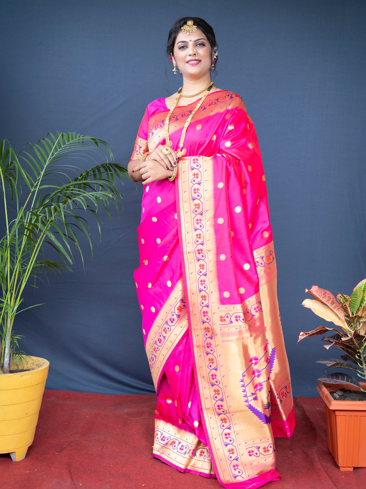 Designer Pink Pure Silk Paithani Saree With Meena Work Weaving