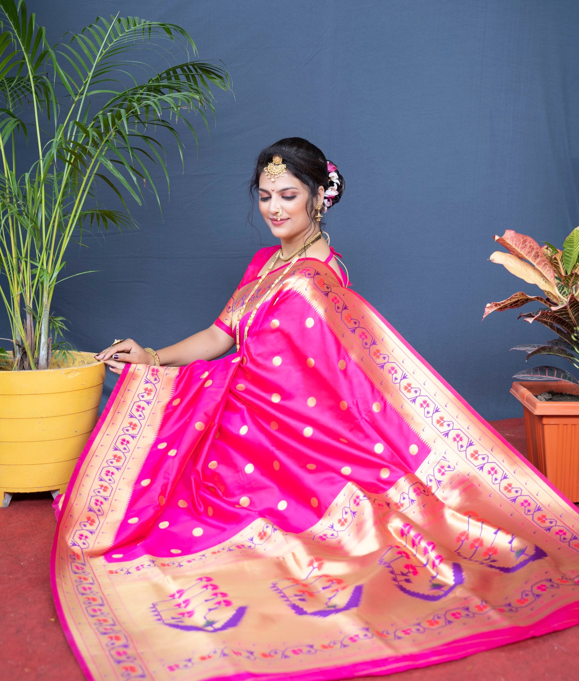 Designer Pink Pure Silk Paithani Saree With Meena Work Weaving