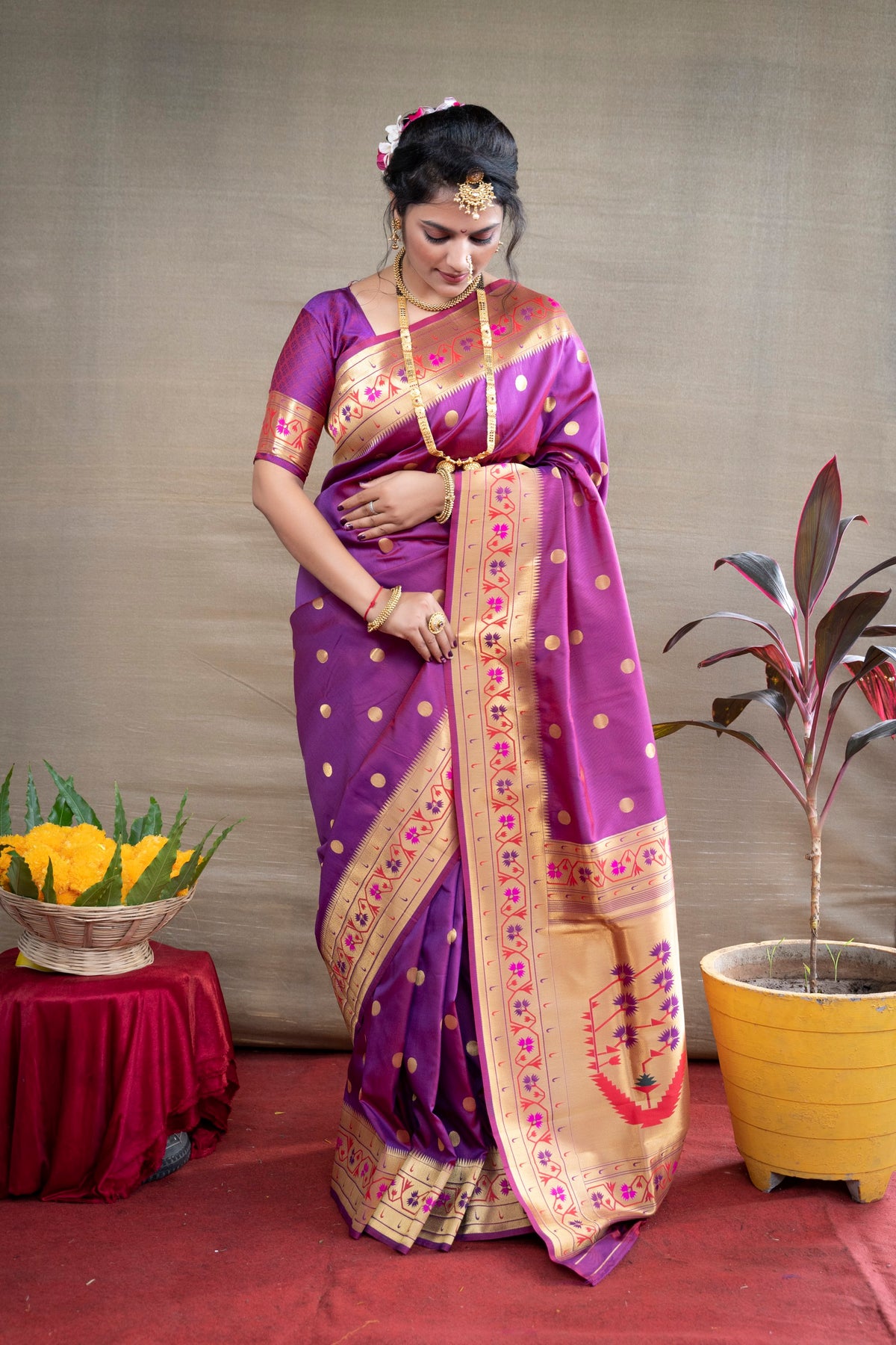 Designer Purple Pure Silk Paithani Saree With Meena Work Weaving