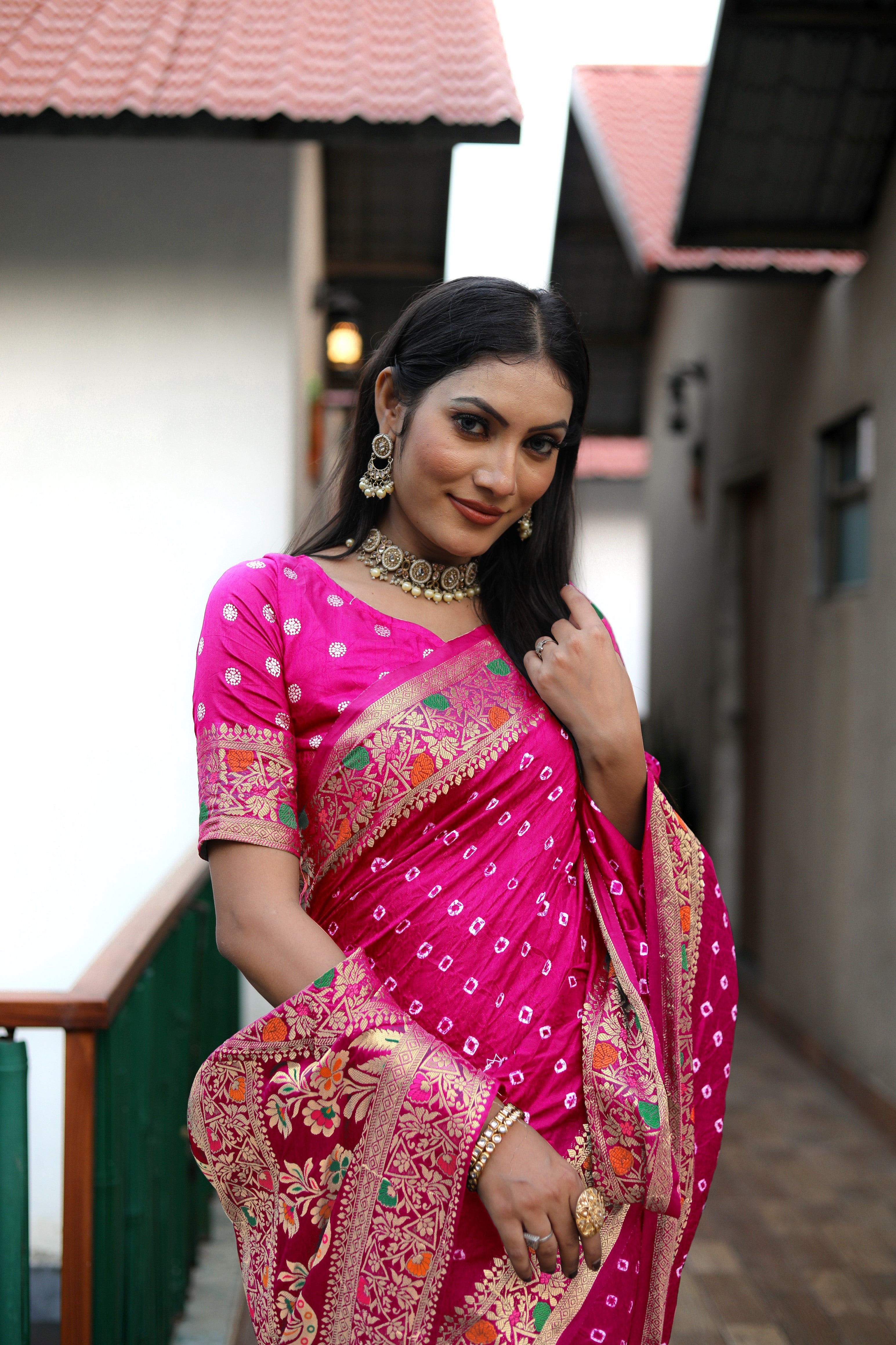 Pink Paithani with Bandhej Saree With Zari Weaving