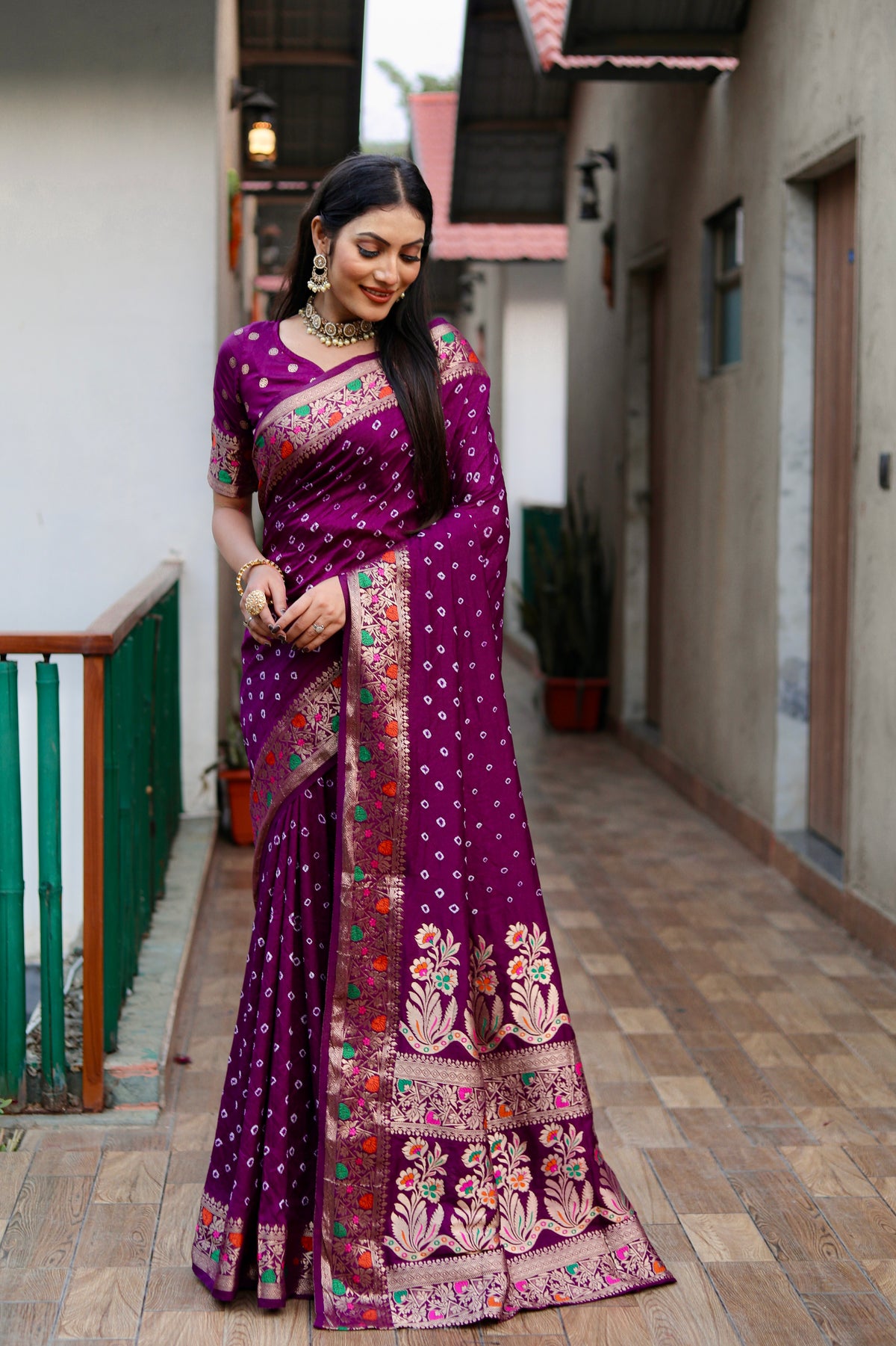 Purple Paithani with Bandhej Saree With Zari Weaving