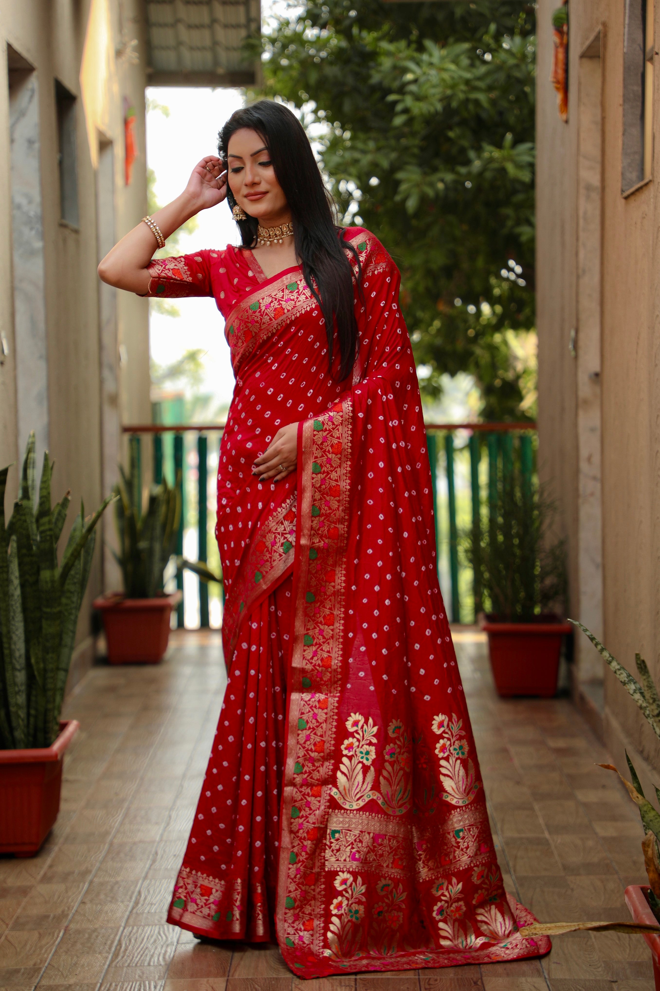 Red Paithani with Bandhej Saree With Zari Weaving