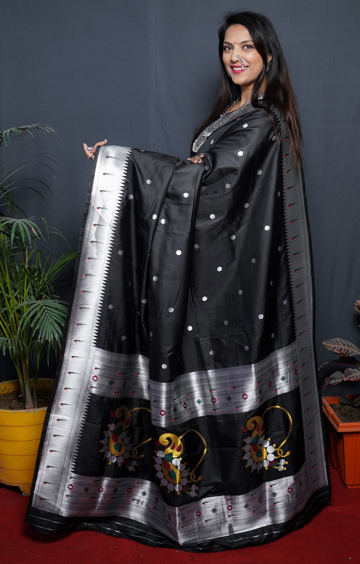 Paithani Black Pure Silk Saree With Meena Work Weaving