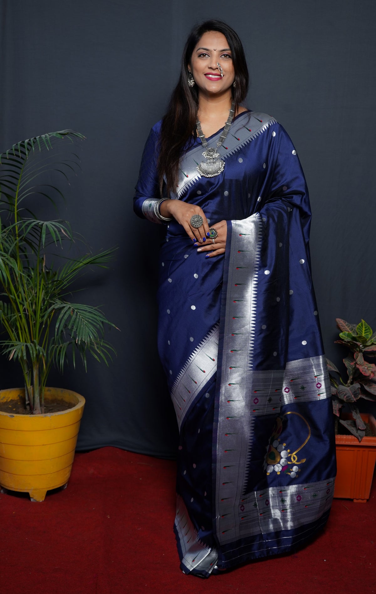 Paithani Grey Pure Silk Saree With Meena Work Weaving